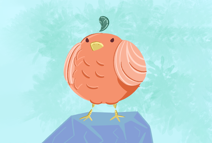 A cartoon of a small tangerine coloured bird, done in Procreate