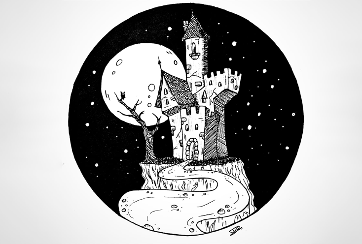 A traditional drawing of a spooky cartoon castle, done in black ink